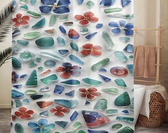 Cortina de ducha con diseño de vidrio marino: Decoración costera para el baño en tonos aguamarina, azul y naranja.