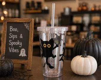 Black Cats Halloween Acrylic Tumbler 16 oz with Lid & Straw