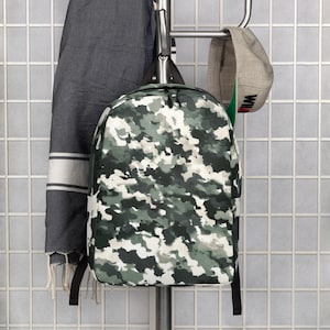 Camo Print Backpack – Green, White & Gray Camouflage All-Over Print – Water-Resistant, Laptop Pocket, Back to School or Travel Bag