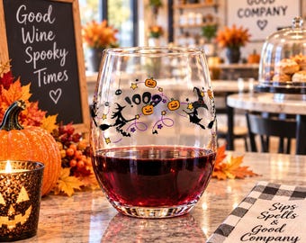 Bicchiere da vino senza stelo, con design a zucca e strega di Halloween, regalo spettrale per gli amanti del vino, 440 ml (15 oz).