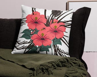 Funda de cojín con flor de hibisco, rosa, floral, decoración tropical
