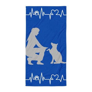 Dog Lover Towel – Blue Bath or Beach Towel with Woman & Dog Silhouette, Soft Cotton Blend, 30x60, Gift for Pet Parents or Dog Moms