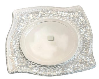 PartyLite Clear Textured Glass 3-Wick Candle Holder Plate Wave Edge Table Decor