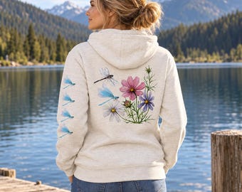 Felpa con zip intera, stampa di fiori selvatici e libellule, ispirata alla natura e agli acquerelli, taglie S-2XL