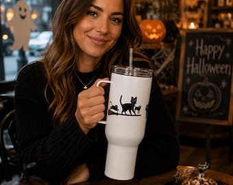 Travel Mug with Handle, Black Cat Tumbler, Cat Lover Gift, 25 oz or 40 oz