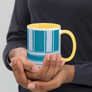 Teal Striped Ceramic Coffee Mug: Coastal Nautical Drinkware - 3 Inside Color Options