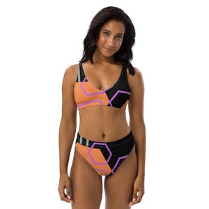 Orange Black Geometric Bikini Set | Sizes XS–3XL | Removable Pads | Double Layer | Eco-Friendly Swimwear for Pool & Beach Days