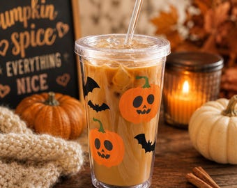Halloween Tumbler with Straw, Pumpkin Iced Coffee Cup, 16 oz