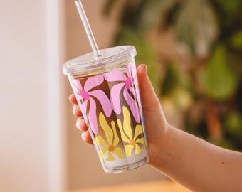 Gold & Purple Floral Acrylic Tumbler 16 oz, Abstract Cold Cup with Straw