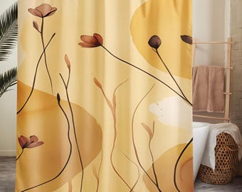 Minimalist Floral Shower Curtain – Beige and Gold, Modern Bathroom Decor