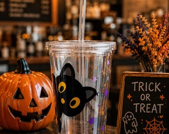 Tumbler Black Cats Peeking Halloween Design Acrylic 16 oz