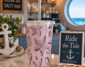 Tumbler Pink Seashell Coastal Beach Design Acrylic 16 oz