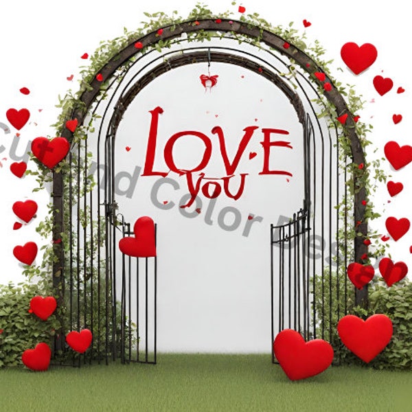 Clip Art Garden Gate I Love You Valentines Red Roses Transparent 300dpi Digital Download