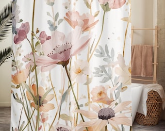 Neutral Wildflower Shower Curtain | Beige Botanical Bathroom Decor