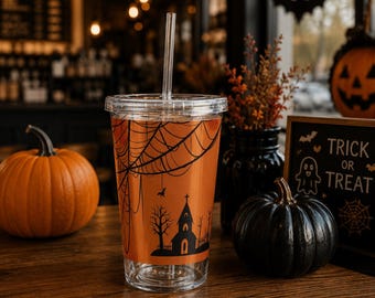 Tumbler Spider Web Orange Halloween Design Acrylic 16 oz