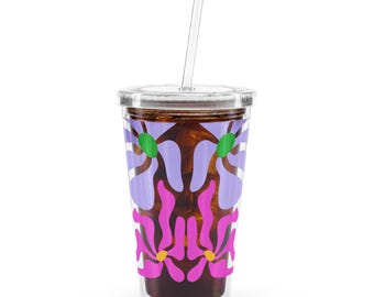 Pink Purple Floral Acrylic Tumbler, 16 oz Abstract Cold Cup (Includes Lid and Straw)