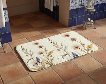 Wildflower Bathmat Memory Foam Rug Beige Blue Floral Bathroom Decor