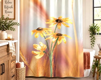 Tenda da doccia floreale, motivo di fiori selvatici dorati, decorazione bagno dai toni caldi e neutri, 71x74