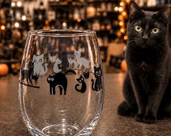 Stemless Wine Glass, Cat Wine Glass, Black Cat Halloween Design, 15 oz