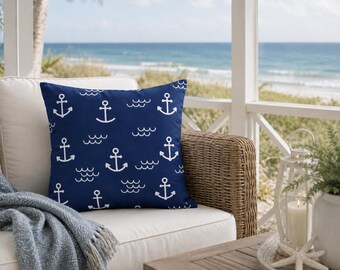 Pillow with Anchors, Nautical Coastal Beach House Decor, 3 Sizes