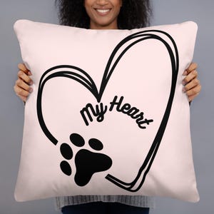 Dog Mom Gift | Pink Throw Pillow with Black Heart and Paw Print | Double-Sided Pet Lover Cushion | Soft Polyester | Animal Lover Decor