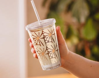 Beige Gold Floral Acrylic Tumbler 16 oz, Abstract Cold Cup with Lid and Straw