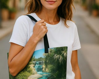 May include: A white tote bag with a scenic waterfall design. The bag features a vibrant image of a cascading waterfall surrounded by lush greenery and blue water. The bag has black straps.