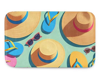 Badrumsmatta i strandstil, flip-flops och solhattdesign, kustmatta i memoryskum