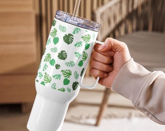 Monstera Leaf Travel Mug, Tropical Green Insulated Stainless Steel Tumbler