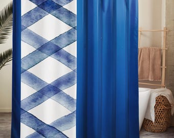 Shower Curtain Blue Coastal Stripes Geometric Pattern | Modern Minimalist Ocean Bathroom Decor 71x74