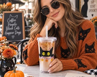 Bicchiere termico di Halloween con gatto nero e cannuccia, ideale per caffè freddo, con decorazione a zucca, 473 ml (16 oz).