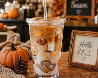 Pumpkin Spice Tumbler with Straw, Iced Coffee Cup, Fall Donut Design, 16 oz