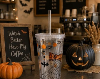 Playful Halloween Acrylic Tumbler 16 oz Spooky Cup with Lid & Straw