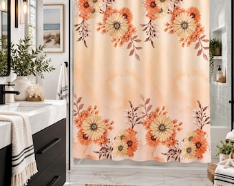 Tenda da doccia con motivo floreale autunnale, fiori color crema e arancio, decorazione autunnale per il bagno, 71x74