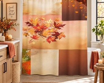 Tenda da doccia autunnale, con motivo ad acquerello di foglie autunnali, decorazioni per il bagno nei toni caldi dell'arancione e del marrone, 71x74