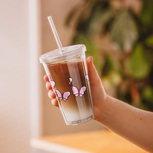 Pink Butterfly Acrylic Tumbler – All-Over Butterfly Design with Lid and Straw – Reusable Cup for Summer – Cute Gift for Her