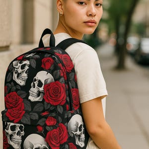 Goth Skull & Roses Backpack – Red and Black School Bag, Alternative Style Daypack for Students, Edgy and Lightweight Laptop Backpack