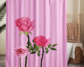Pink Stripe Rose Shower Curtain – Minimalist Floral Bathroom Decor