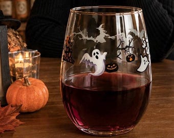 Stemless Wine Glass, Halloween Witch & Ghost Glass, Spooky Wine Lover Gift, 15 oz