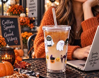 Bicchiere termico di Halloween con cannuccia, tazza da caffè freddo con gatto nero e fantasma, 473 ml (16 oz)