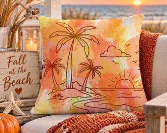 Fodera per cuscino con motivo tramonto costiero, decorazioni da spiaggia con palme, cuscino decorativo arancione caldo, 4 misure