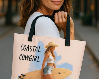 Coastal Cowgirl Tote Bag – Western Beach Boots & Surfboard Graphic
