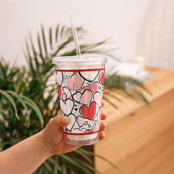 Gift! 16 oz Clear Acrylic Tumbler All Over Red Hearts Double Wall Insulated  Screw On Lid and Plastic Straw