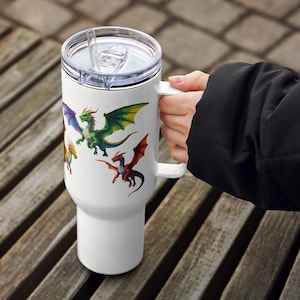 Taza de viaje con diseño de dragón: Estampado de tres dragones en ambos lados, vaso de acero inoxidable de 25 oz o 40 oz, a prueba de derrames, sin BPA, regalo de fantasía para él o ella.