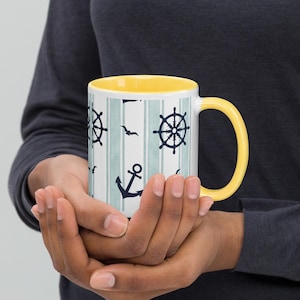 Nautical Anchor Ceramic Coffee Mug: Coastal Seaside Cup - 4 Inside Color Options