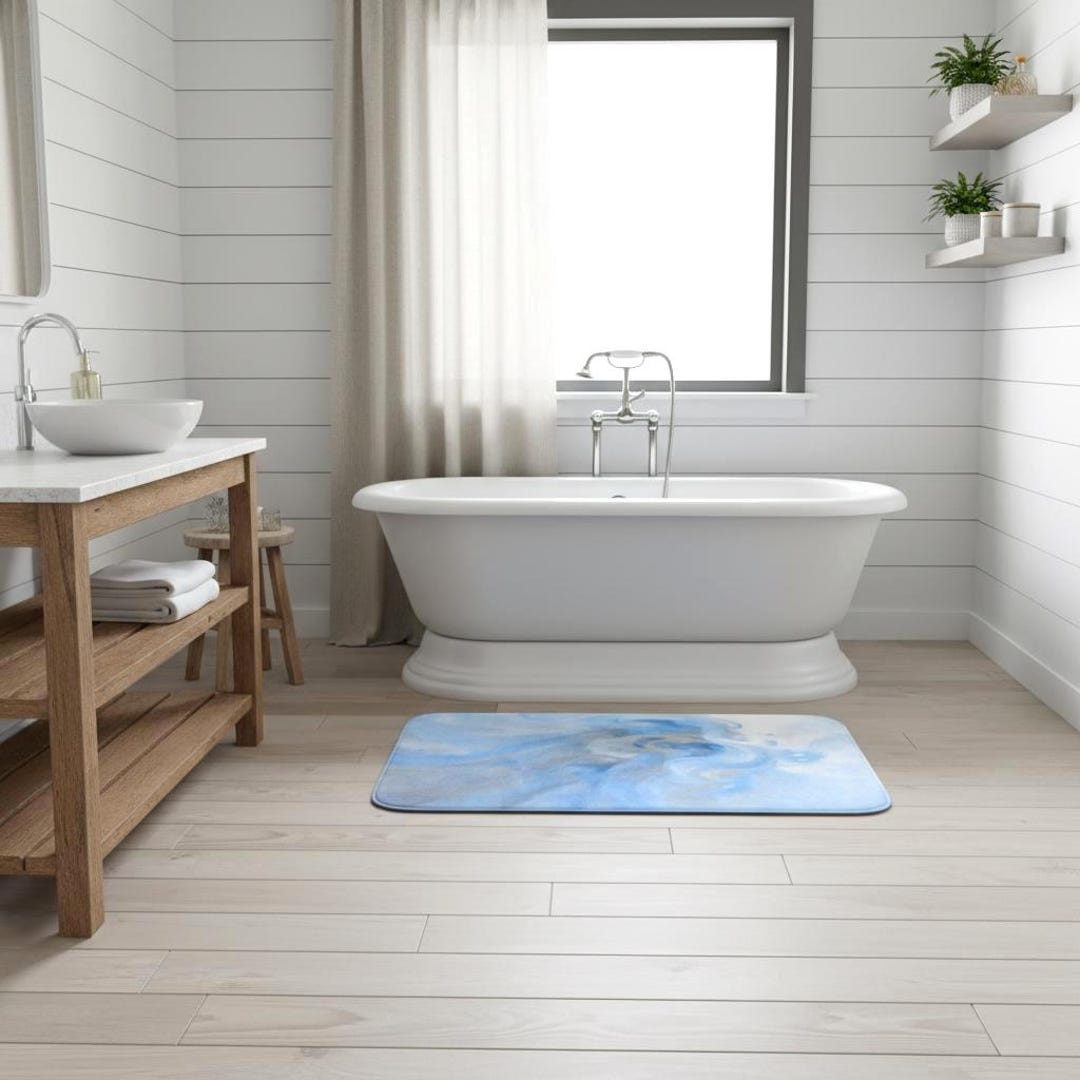 Bath Mat Blue Abstract Memory Foam Bathroom Rug Soft Powder Swirl Decor ...