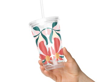 Orange Green Floral Acrylic Tumbler 16 oz, Abstract Cold Cup with Straw