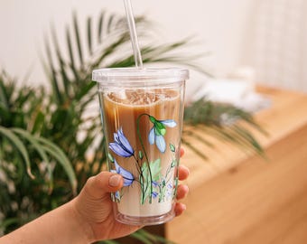 Bluebell Floral Acrylic Tumbler 16 oz, Cold Cup with Straw