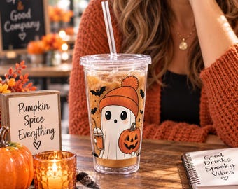 Bicchiere termico di Halloween, tazza da caffè freddo da 473 ml con cannuccia, design a zucca fantasma.