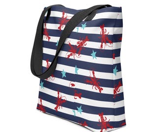 fourre-tout à imprimé homard nautique | Sac de plage rayé pour la journée